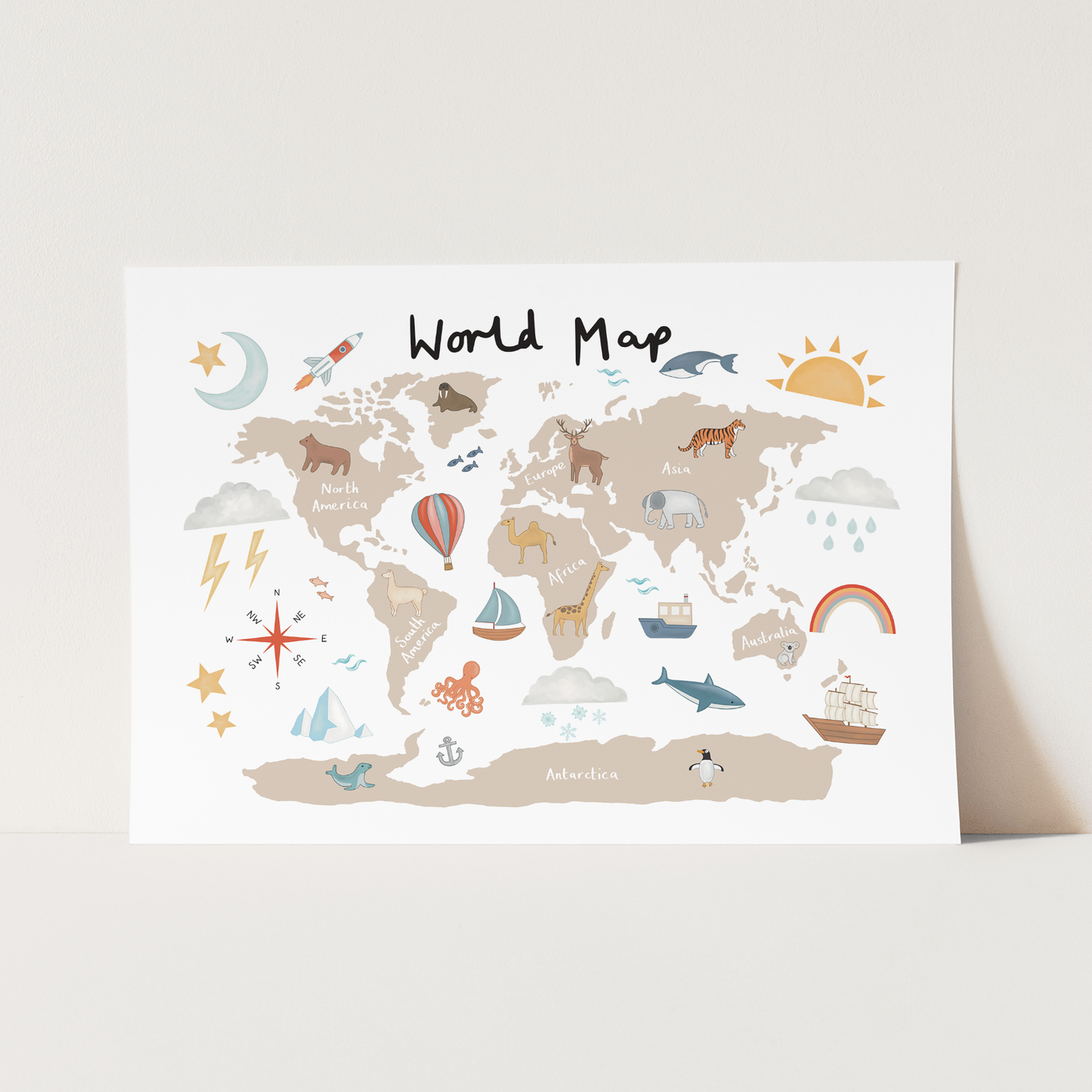 World map print beige