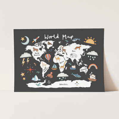 World map print black