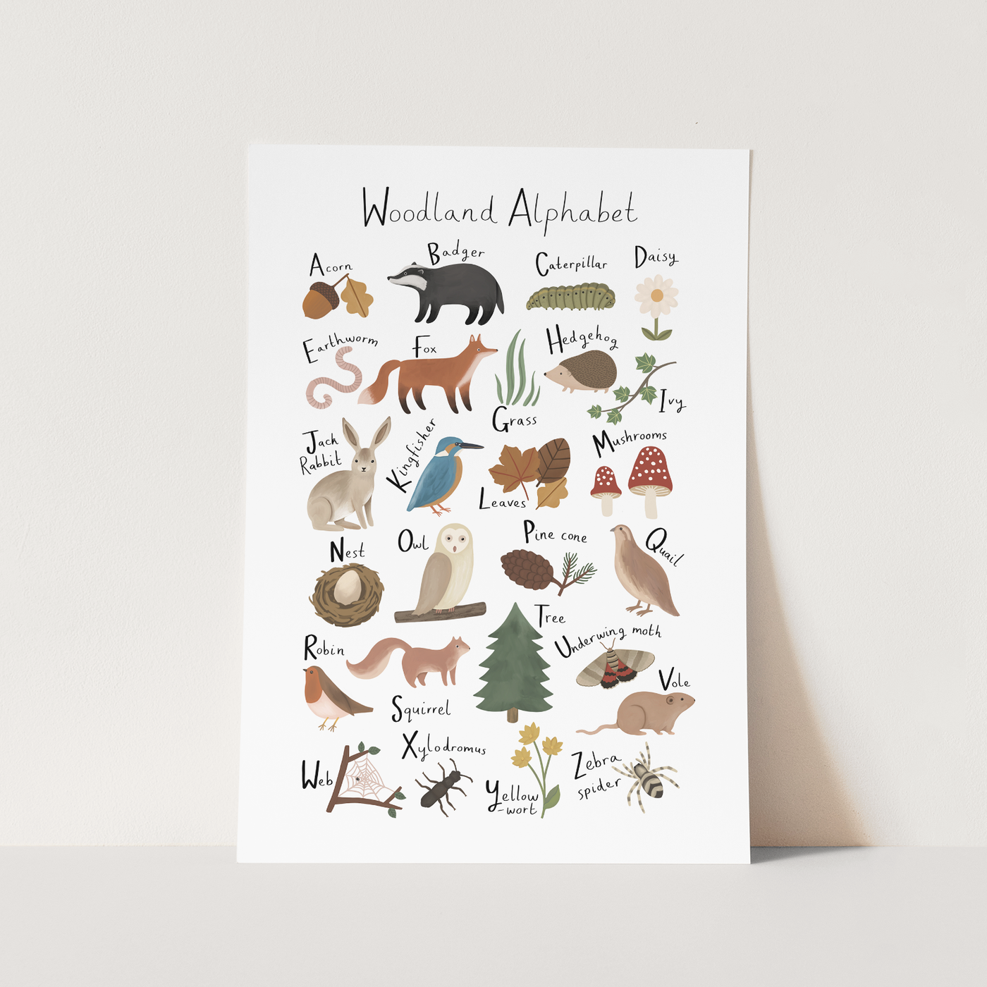 Woodland alphabet print white